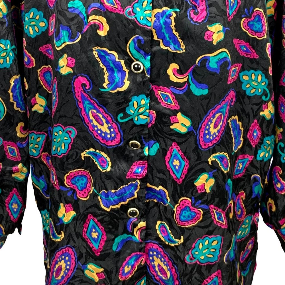 VINTAGE 90s Paisley Long Sleeve Satin Blouse - Picture 3 of 10